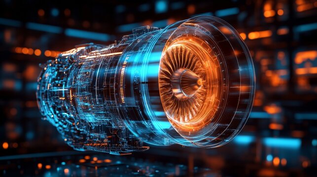 Futuristic close-up of a detailed jet engine turbine rendered in glowing blue and orange light, illustrating modern engineering, aeronautics technology, mechanics, advanced digital industrial design.