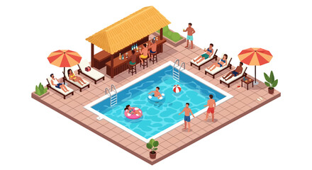 Adobe Illustrator artwork 3D isometric view of a resort swimming pool area with people swimming, lounging on deck chairs under umbrellas, and enjoying drinks at the bar. Ideal for vacation and summer