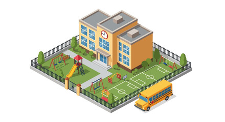 Adobe Illustrator artwork 3D isometric view of a school building with a playground, sports field, school bus, and surrounding greenery. Ideal for education and childhood themes
