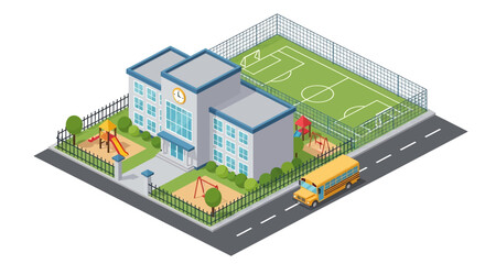 Adobe Illustrator artwork 3D isometric view of a school building with a playground, sports field, school bus, and surrounding greenery. Ideal for education and childhood themes © meeblues