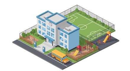 Adobe Illustrator artwork 3D isometric view of a school building with a playground, sports field, school bus, and surrounding greenery. Ideal for education and childhood themes