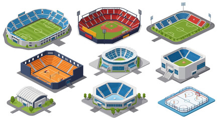 Adobe Illustrator artwork 3D isometric view set of various sports stadiums including soccer, baseball, football, basketball, swimming, and ice hockey arenas. Ideal for sports architecture themes © meeblues
