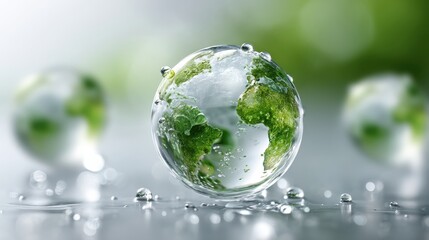 Greenhouse gas control. Globe made of water droplets, symbolizing nature and sustainability.