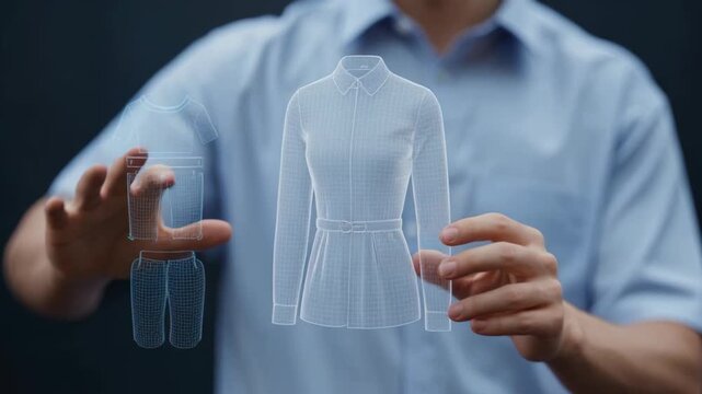 Man exploring ar digital shopping interface featuring clothing design with virtual shirt and pants for seamless outfit selection in retail store