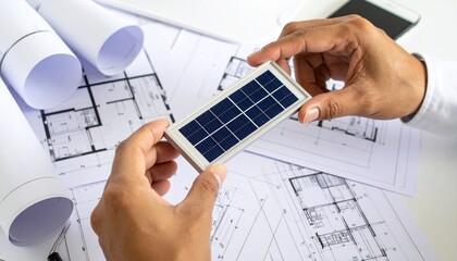 Architect presents solar panel over blueprints, symbolizing sustainable design