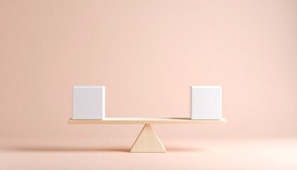 Balanced white cubes on seesaw platform with beige background—symbolizing symmetry and equilibrium