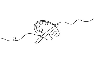 Art brush with paint palette minimal one line drawing isolated outline vector illustration
