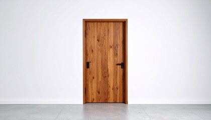 Minimalist wooden door with black handle on white wall, gray-tiled floor
