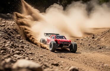 RC car drives through dirt path, dust clouds swirl in trail as rugged terrain challenges speed and control