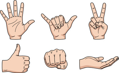 Fototapeta premium Cartoon hand gesture icon set vector with expressive poses—open palm, thumbs-up, fist, V-sign, shaka, cupped hand—fun flat design for communication and lifestyle graphics