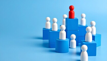 Red leader figurine elevated among white pawns on blue blocks—symbol of leadership