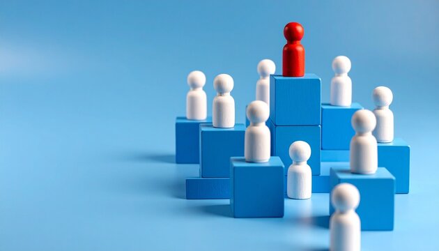 Red leader figurine elevated among white pawns on blue blocks—symbol of leadership