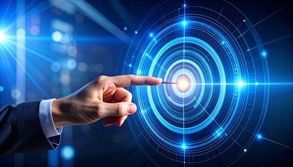 Hand pointing at glowing concentric circle interface with data-like dots
