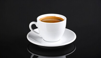 White coffee cup and saucer centered on black backdrop