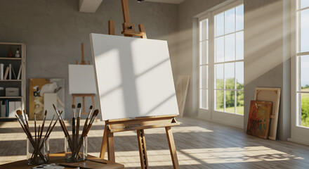 A modern art studio with a canvas and paintbrushes spring sunlight