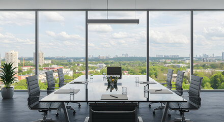 A modern conference room with a glass table spring city view outside