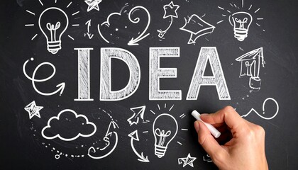 Blackboard with “IDEA” in bold white letters surrounded by chalk doodles