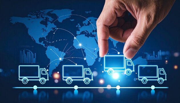 Hand selecting glowing truck icon from connected row over world map—symbol of global logistics