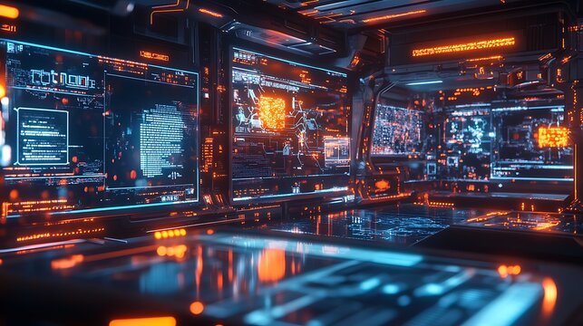 Futuristic control room features cyberpunk interface with glowing screens for data streams network maps and high tech digital environment advanced system monitoring and virtual command concept.