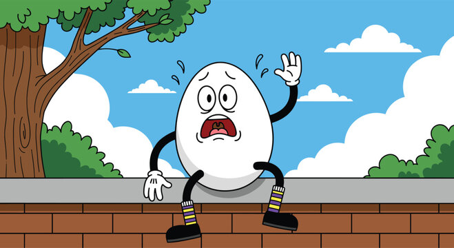 Cartoon Humpty Dumpty character vector&mdash;worried egg on brick wall with sweat and raised hand&mdash;striped socks, black shoes, tree backdrop&mdash;fun icon for nursery rhyme designs