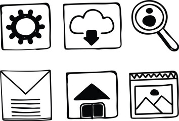 Six Hand Drawn Black and White Icons on White Background