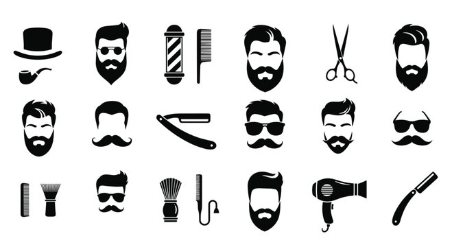 Collection of classic barber shop icons representing grooming and styling services for men