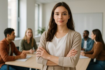 Fototapeta premium Confident Leader: A poised, female professional confidently stands at the forefront, arms crossed, exuding a sense of authority, while her team engages in a discussion in the background.