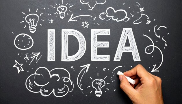Word “IDEA” in bold white chalk on blackboard with doodles of creativity and brainstorming