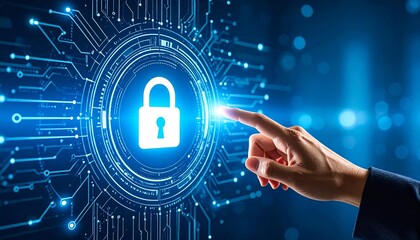 Cybersecurity interface with glowing padlock and digital hand touch