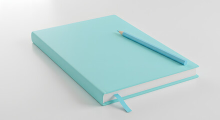 A pastel aqua notebook with a baby blue pencil white table