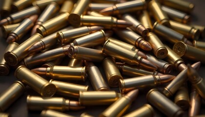 Close up of a large jumbled pile of silver and gold rifle ammunition cartridges, created with generative ai