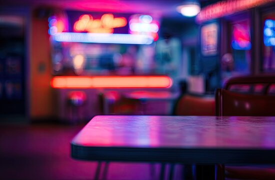 Interior of a dimly lit diner at night - Powered by Adobe