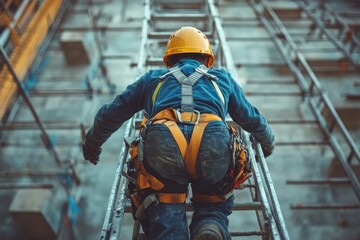Worker falling from a ladder at a construction site, depicting an accident at the workplace, Generative AI