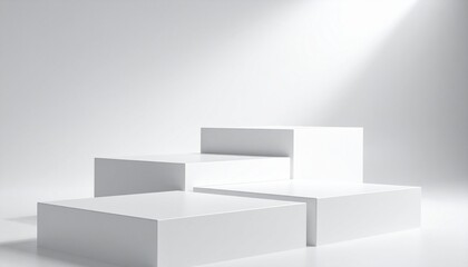 Fototapeta premium Minimalist white blocks rising in staggered formation under soft light