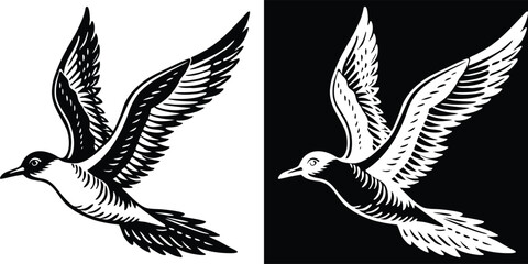 A detailed line art of a bird flying above the clouds, capturing the majestic movement and graceful aerial flight
