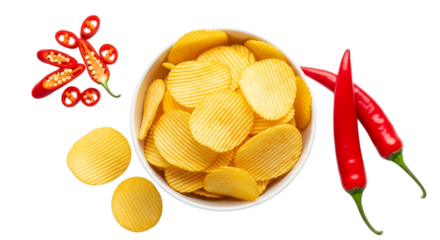 Bowl of ridged potato chips with red chili peppers isolated on a transparent background wavy