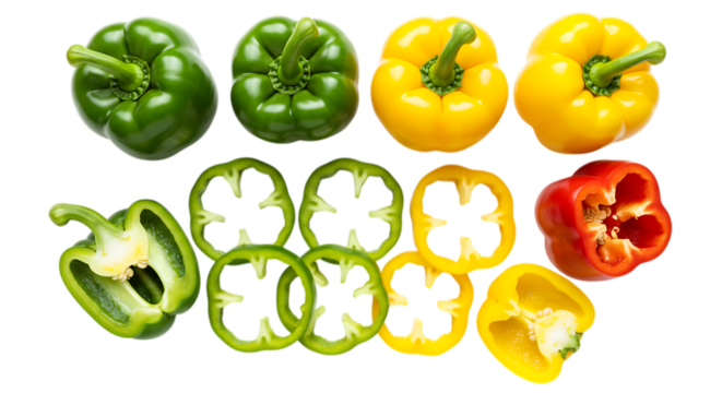Assorted Bell Peppers Whole and Sliced Green Yellow and Red isolated on a transparent background capsicum