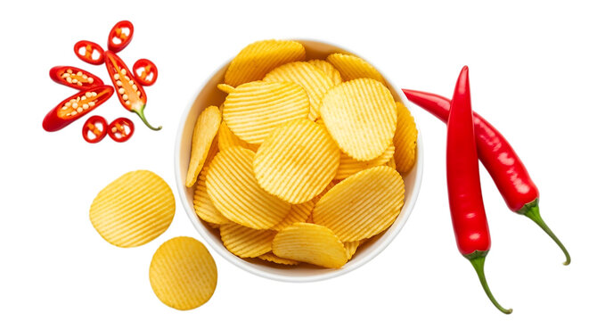 Bowl of ridged potato chips with red chili peppers isolated on a transparent background wavy