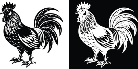 A vibrant black and white sketch of two roosters, capturing their proud stance and feather textures