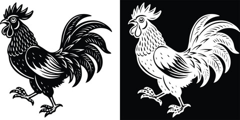 Detailed black and white illustration of two proud roosters in a combative pose, highlighting their strength and vivid feather designs