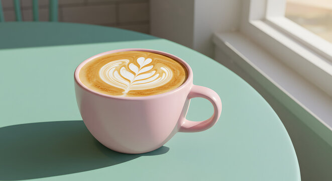 A pastel pink coffee mug with latte art on a mint green table soft sunlight