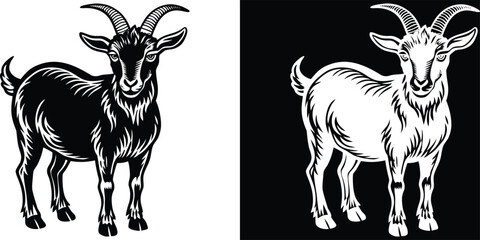 A detailed black and white illustration of a goat with a rugged expression, perfect for those interested in farm animals and wildlife art.