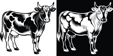 A beautifully crafted black and white illustration of two cows, focusing on their robust features and calm demeanor, perfect for agricultural art lovers.