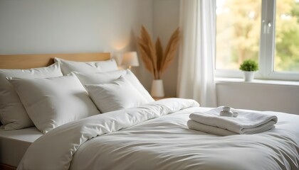 Cozy bedroom interior features white pillows on bed with rolled duvet. Natural light from window creates calm atmosphere, evoking sense of relaxation. Home decor, comfort, created with generative ai