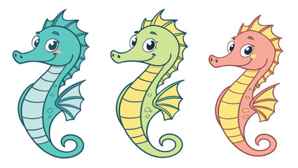 Three cartoon seahorses in different colors standing side by side on a white background illustration