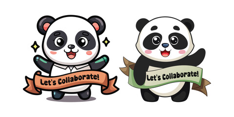 Adorable Corporate Panda Holding “Let’s Collaborate!” Banner – Perfect Vector Design for Business, Networking, Teamwork Posters, Office Prints, Branding, and Marketing Campaigns