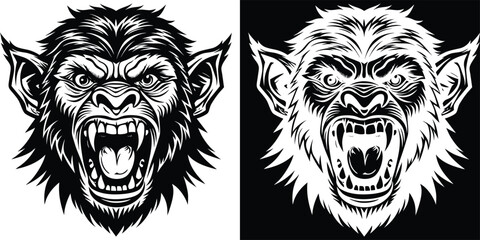 A fierce black and white illustration of an angry monkey, capturing its wild expression and powerful stance, perfect for wildlife and jungle themed artwork.