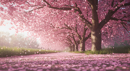 A serene cherry blossom tree in full bloom pink petals falling