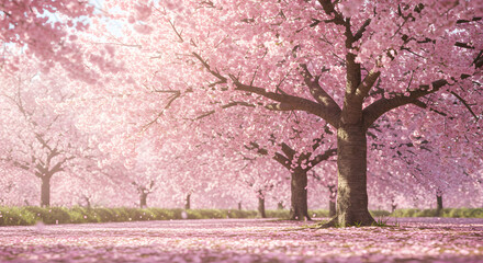 A serene cherry blossom tree in full bloom pink petals falling