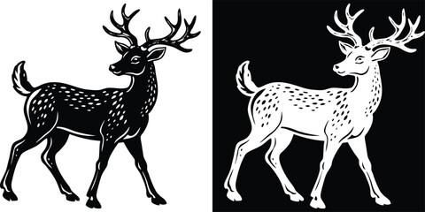 A beautiful black and white illustration of two deer in a natural setting, emphasizing their delicate features and serene movement, ideal for wildlife and nature art.